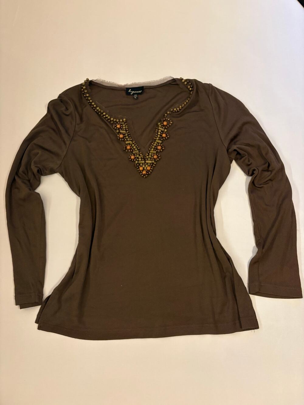 Lynn Ritchie Brown Beaded V-Neck Long Sleeve Top XL Boho Earthy Y2K